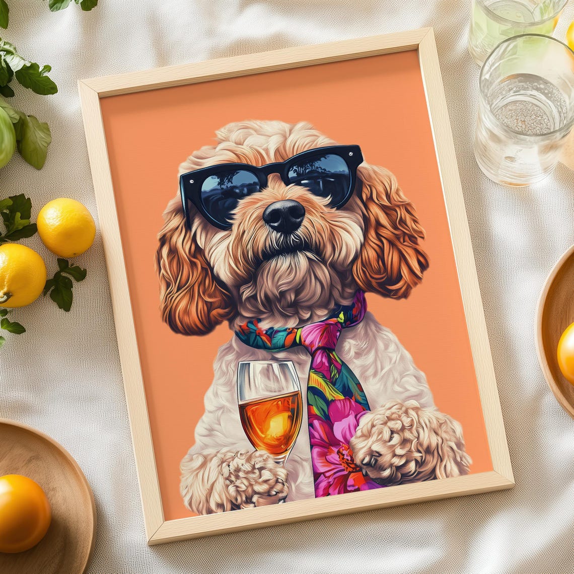 Cockapoo In Sunglasses Holding Wine Glass With Floral Tie Poster - Image 6