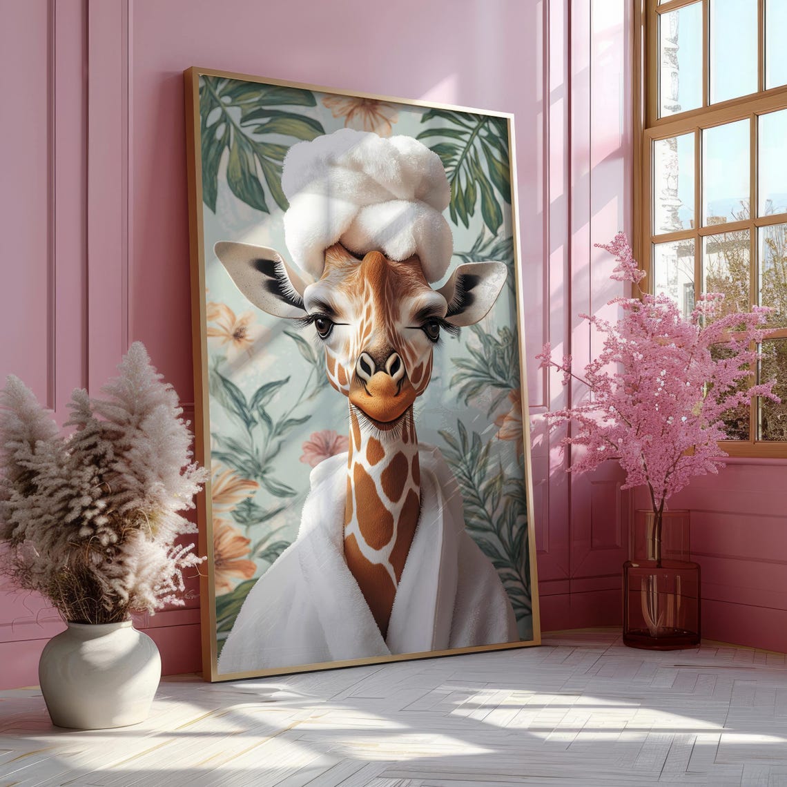 Giraffe in a Spa Robe and Towel Turban Tropical Bathroom Poster - Image 5