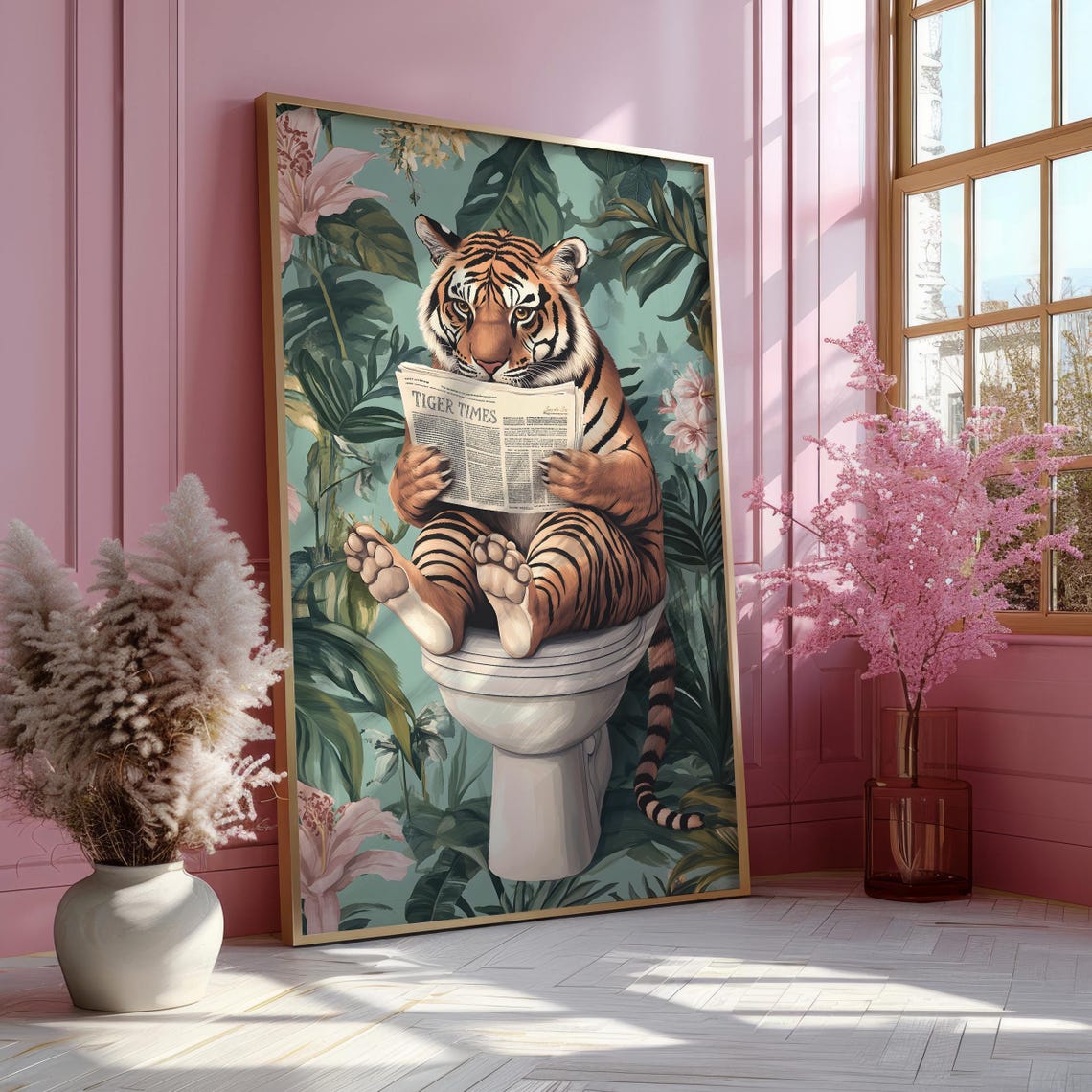 Tiger Sitting on a Toilet Reading Tiger Times Bathroom Poster - Image 5