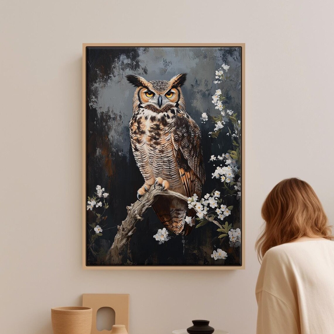 Great Horned Owl Art Print, Rustic Decor