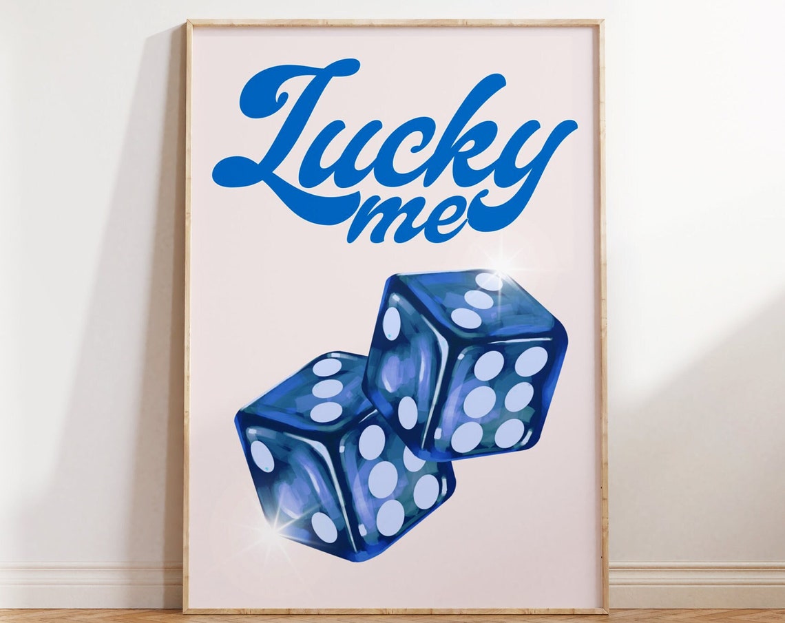 Lucky Me Blue Script With Sparkling Blue Dice Retro Casino Poster