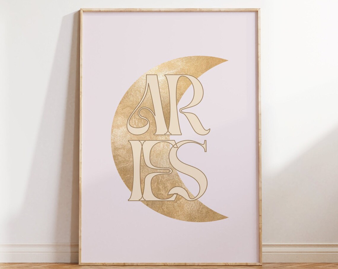 Aries Gold Crescent Moon Art Nouveau Blush Pink Zodiac Typography Poster - Image 5