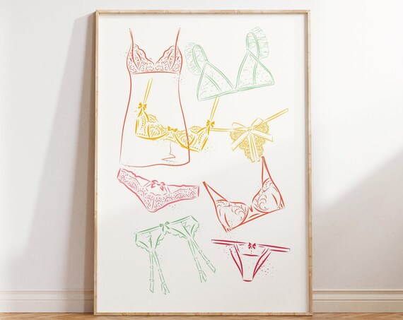 Coquette Cute Laundry Print Lingerie Trendy Dorm Room Print Colorful Summer Poster Preppy Romantic Underwear Wall Art Aesthetic Room Decor