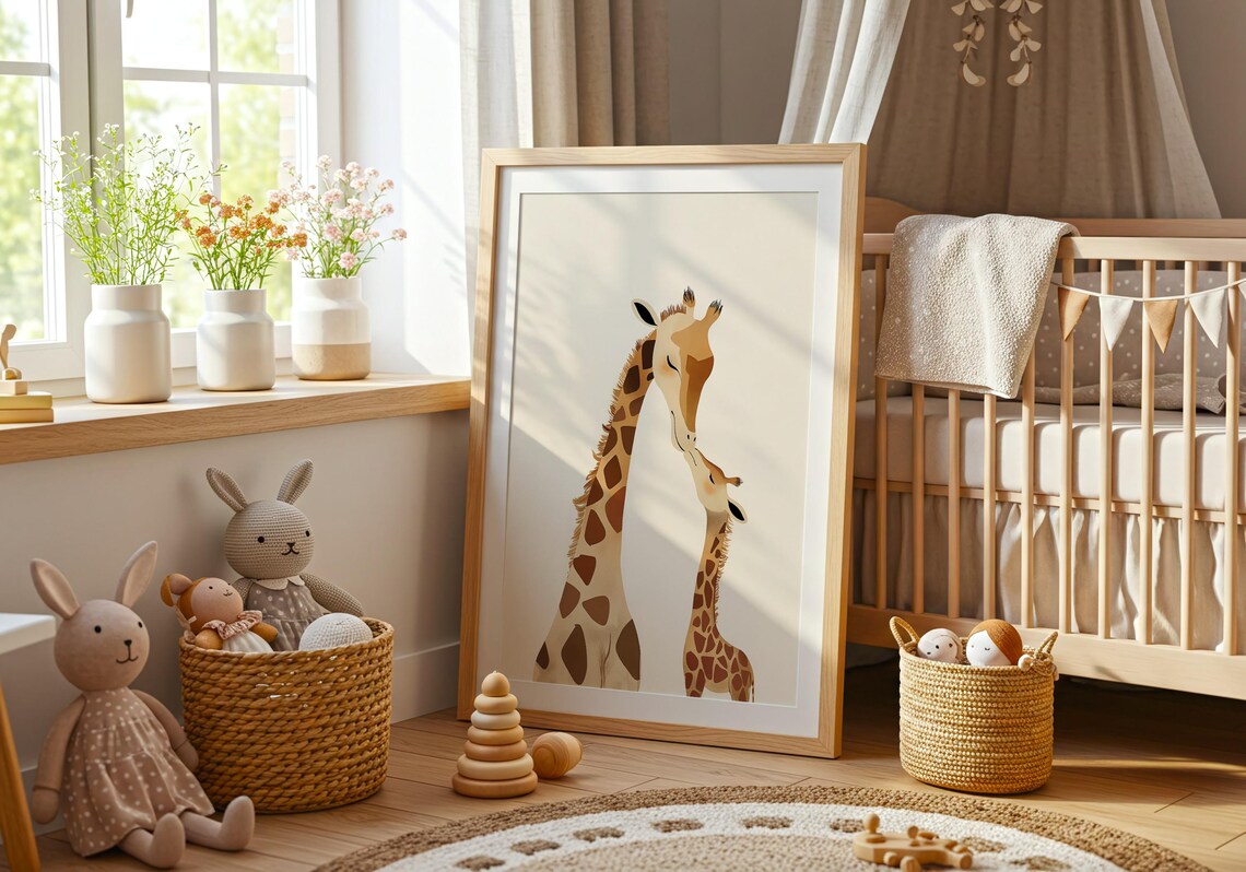 Tender Giraffe Mother and Baby Love Nursery Safari Animal Poster