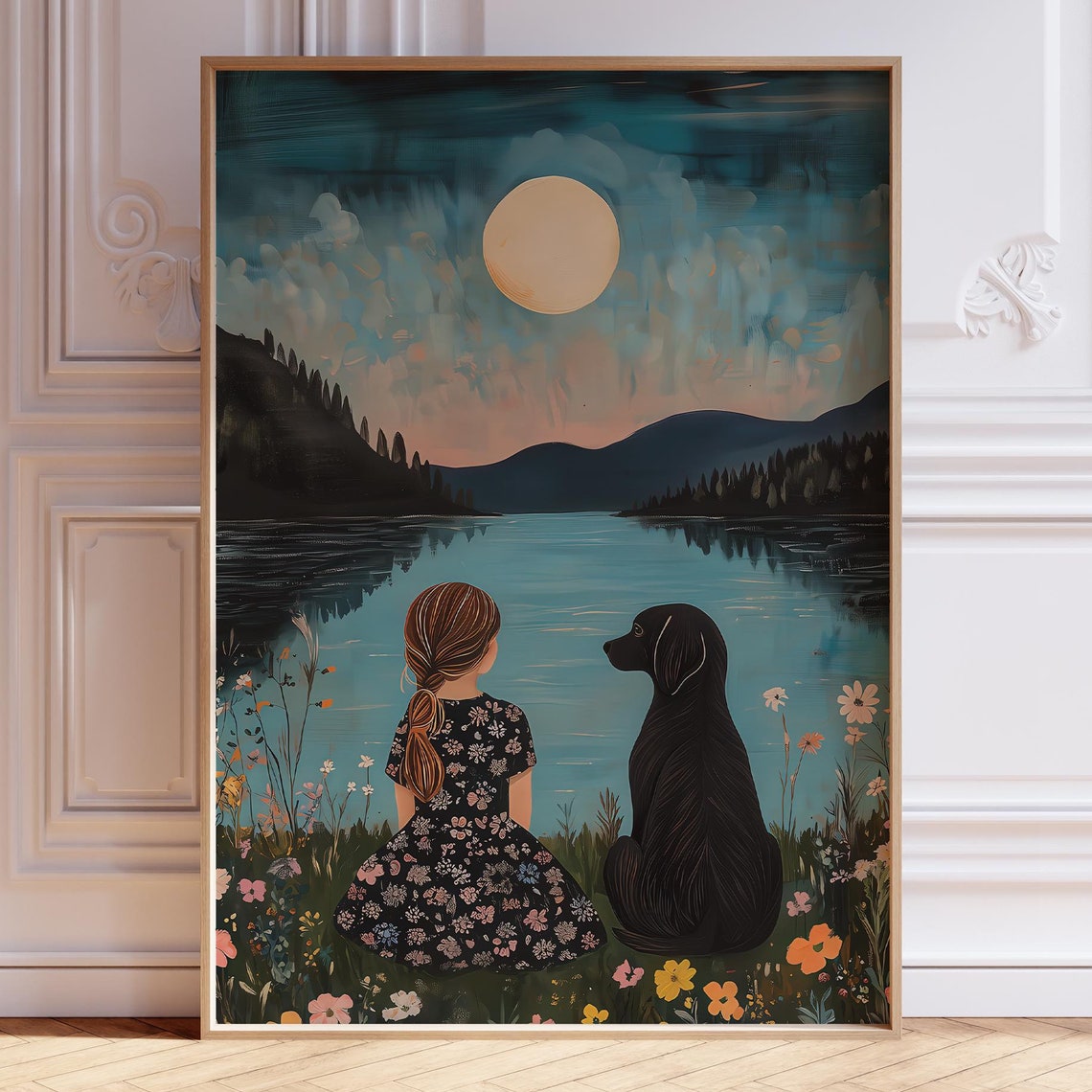 Scandi Lake Print Folk Dog Print Scandi Girl Print Vintage Lake Illustration Nordic Hygge Style Moon Lover Dog Lover Moon Meditation