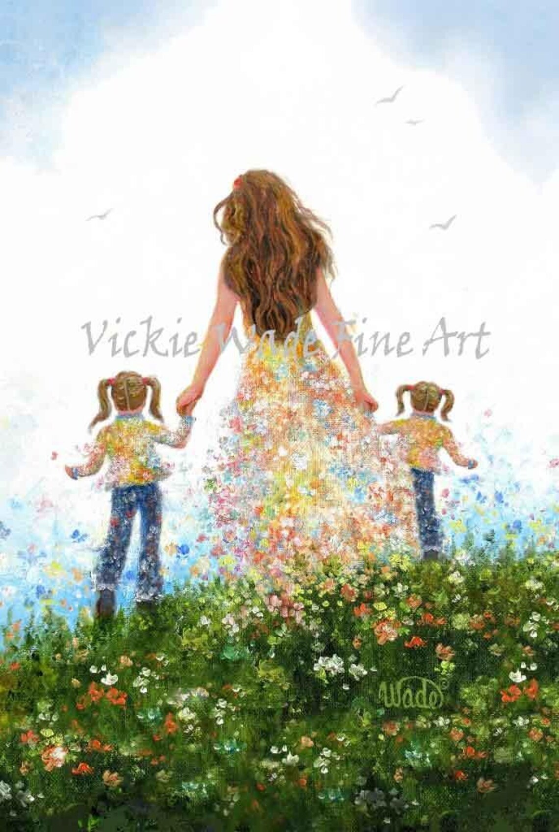 Mother and Two Daughters Walking Hand in Hand in Flowers Poster