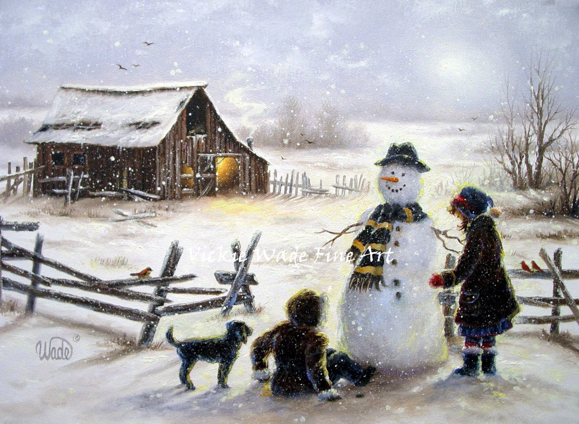 Two Kids and a Dog Building a Snowman by a Snowy Barn Winter Poster