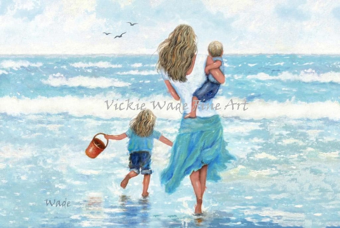 Beach Mother Two Children Art Print Blonde Daughter And Son Girl And Boy Sister And Brother Ocean Waves Playing Surf Vickie Wade Art