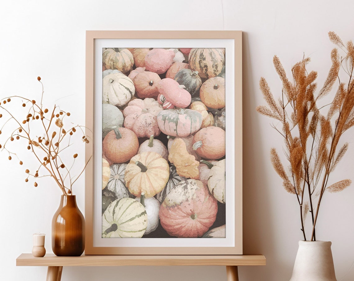 Pink Pumpkin Patch Harvest Watercolor Blush Fall Farmhouse Art Poster