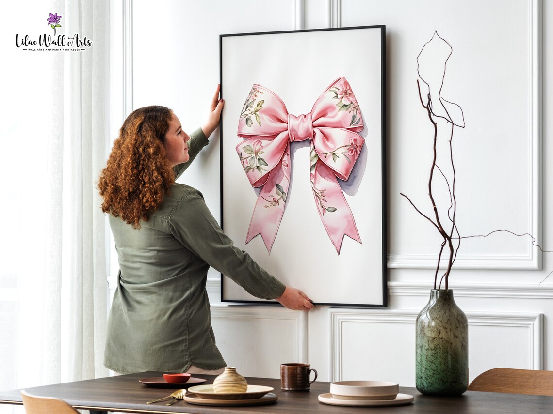 Pink Floral Bow Watercolor Poster Chinoiserie Ribbon Girls Room Art - Image 2