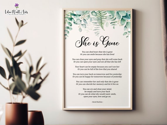 She Is Gone Poem Wall Art Memorial Gift Sympathy Gift Mourning Remembrance Loss Losing Someone Funeral Poem Grief Funeral Thank You