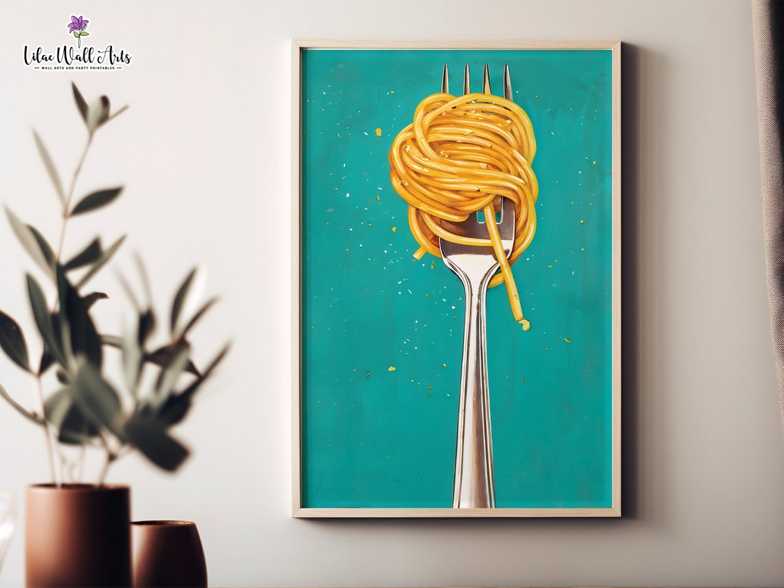 Spaghetti Fork Twirl Pop Art Teal Background Kitchen Food Poster - Image 7