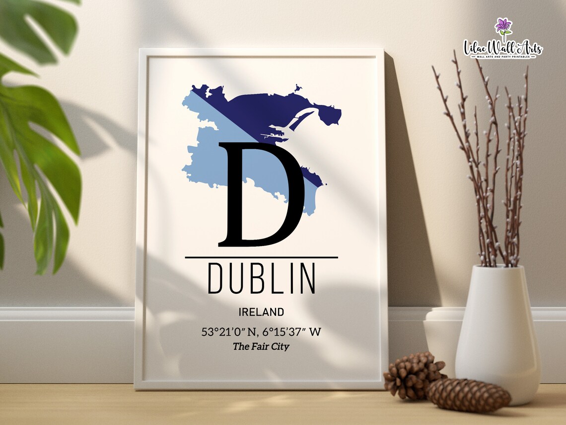 Dublin Ireland Map Fair City Monogram Blue Map Art Travel Poster