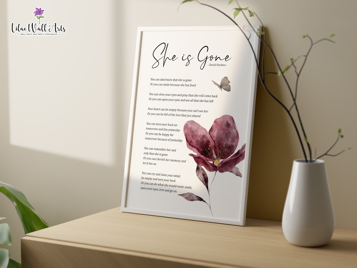 She Is Gone Bereavement Poem Memorial Wall Art