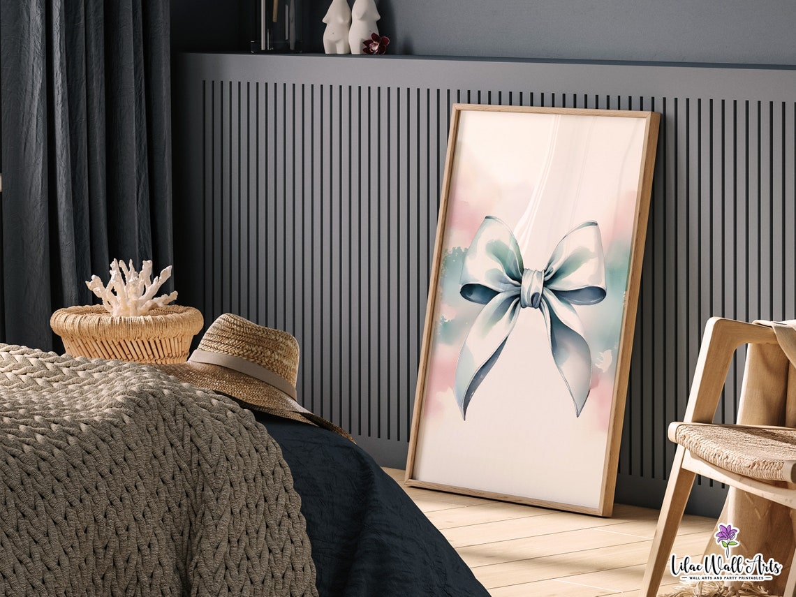 Blue Satin Bow Watercolor Poster Coquette Ribbon Nursery Wall Decor - Image 2