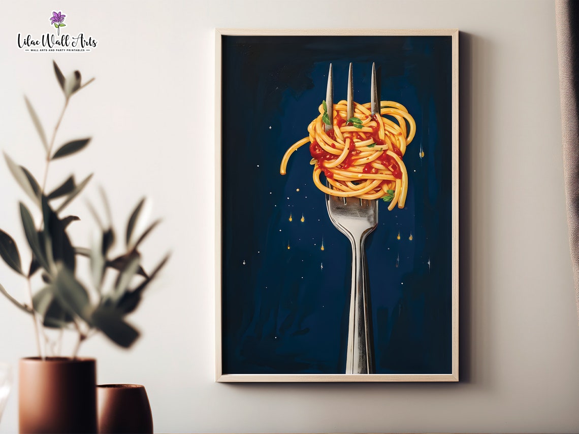 Spaghetti Tomato Sauce Fork Navy Blue Kitchen Food Art Poster - Image 6