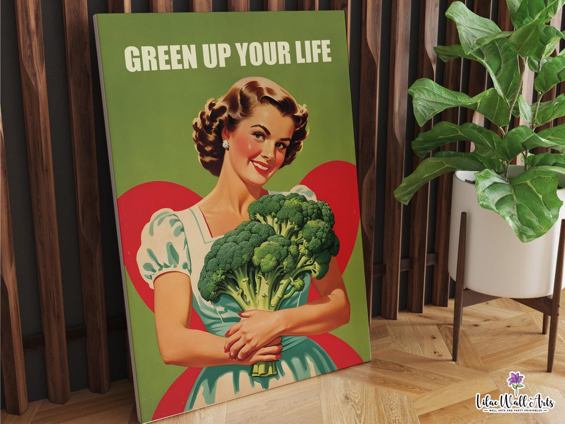 Green Up Your Life Retro Broccoli Vintage Kitchen Health Poster - Image 2
