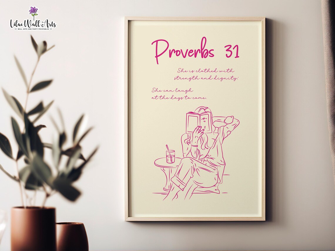 Proverbs 31 She Is Clothed Strength Pink Line Art Christian Poster - Image 2