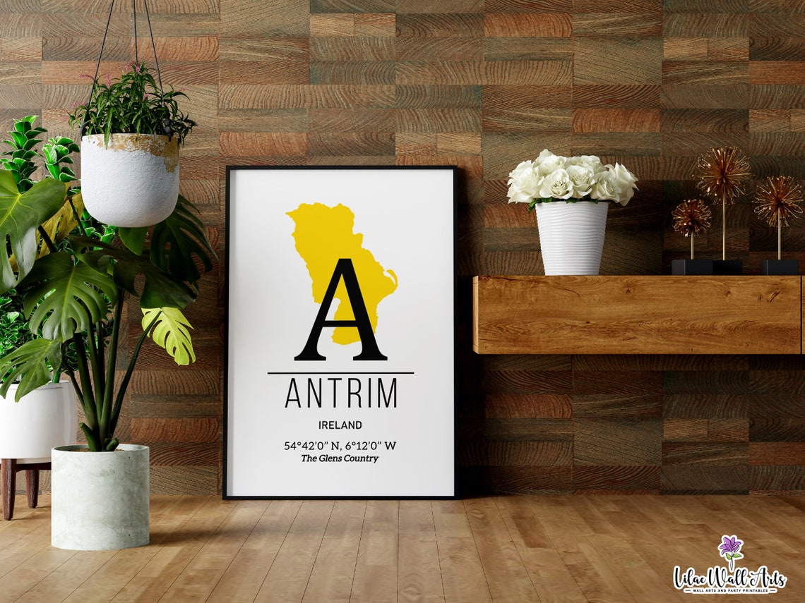 Antrim Ireland County Map Initial A Yellow Coordinate Art Print - Image 4