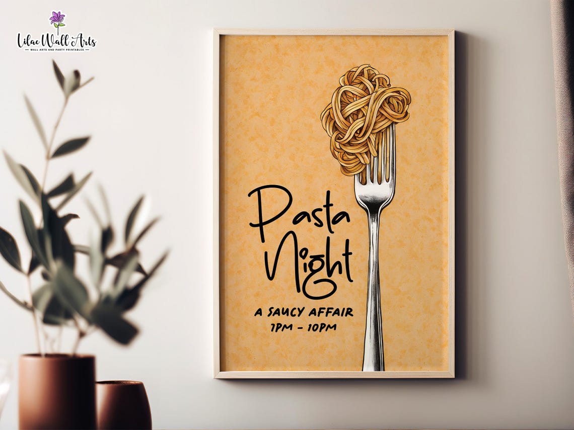 Pasta Night A Saucy Affair Spaghetti Fork Retro Kitchen Poster