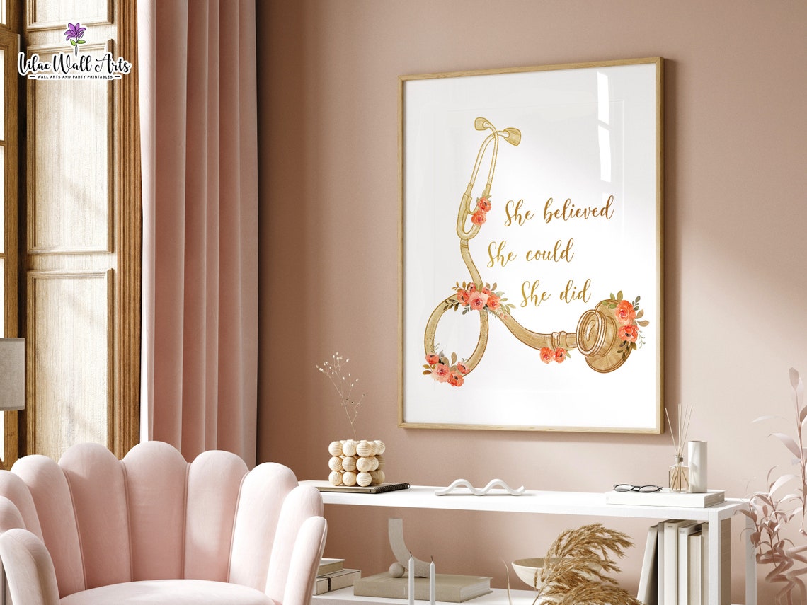 She Believed She Could So She Did Gold Stethoscope Nurse Gift Poster - Image 6