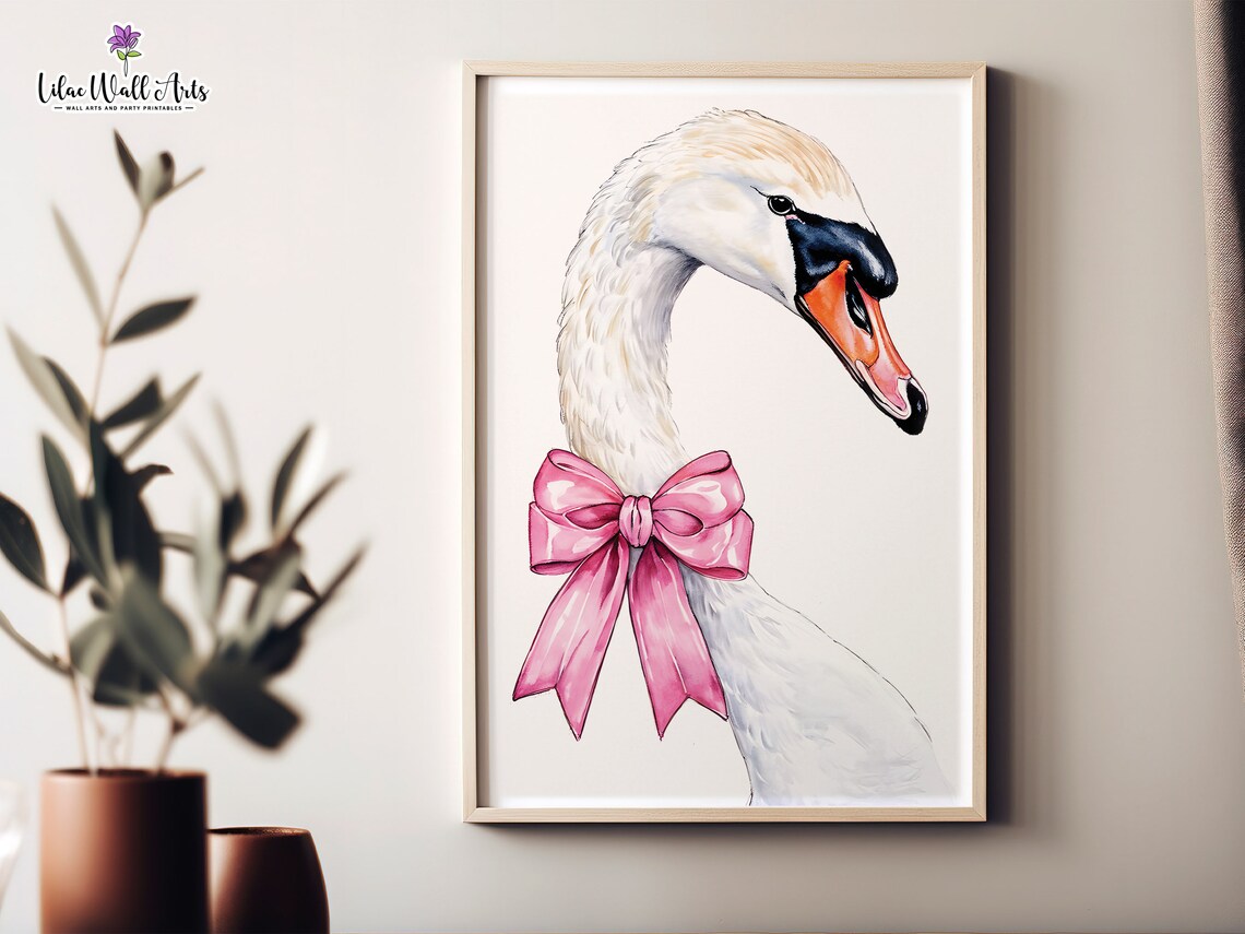 Swan Head Pink Bow Watercolor Poster Coquette Swan Art Girl Decor