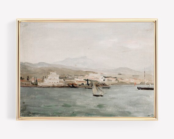 Vintage Mediterranean Coastal Town Sailboats Painting Poster