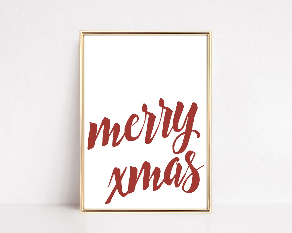 Merry Xmas Red Hand Lettered Script Christmas Quote Wall Art
