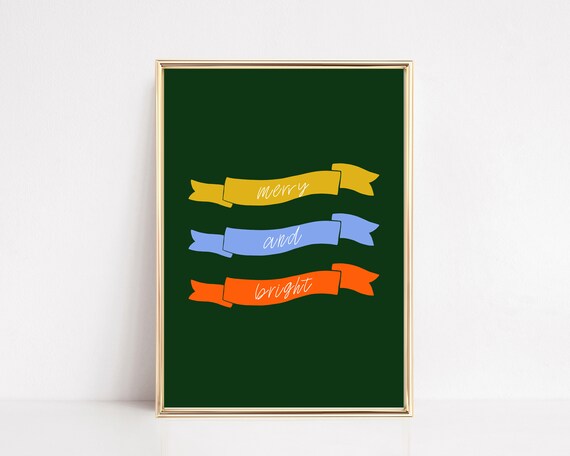 Merry and Bright Ribbon Banner Print on Green for Festive Holiday Decor