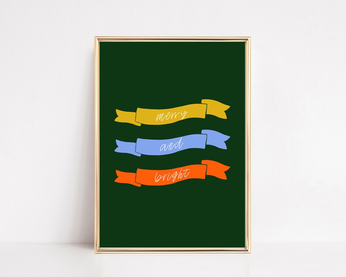 Merry and Bright Ribbon Banner Print on Green for Festive Holiday Decor