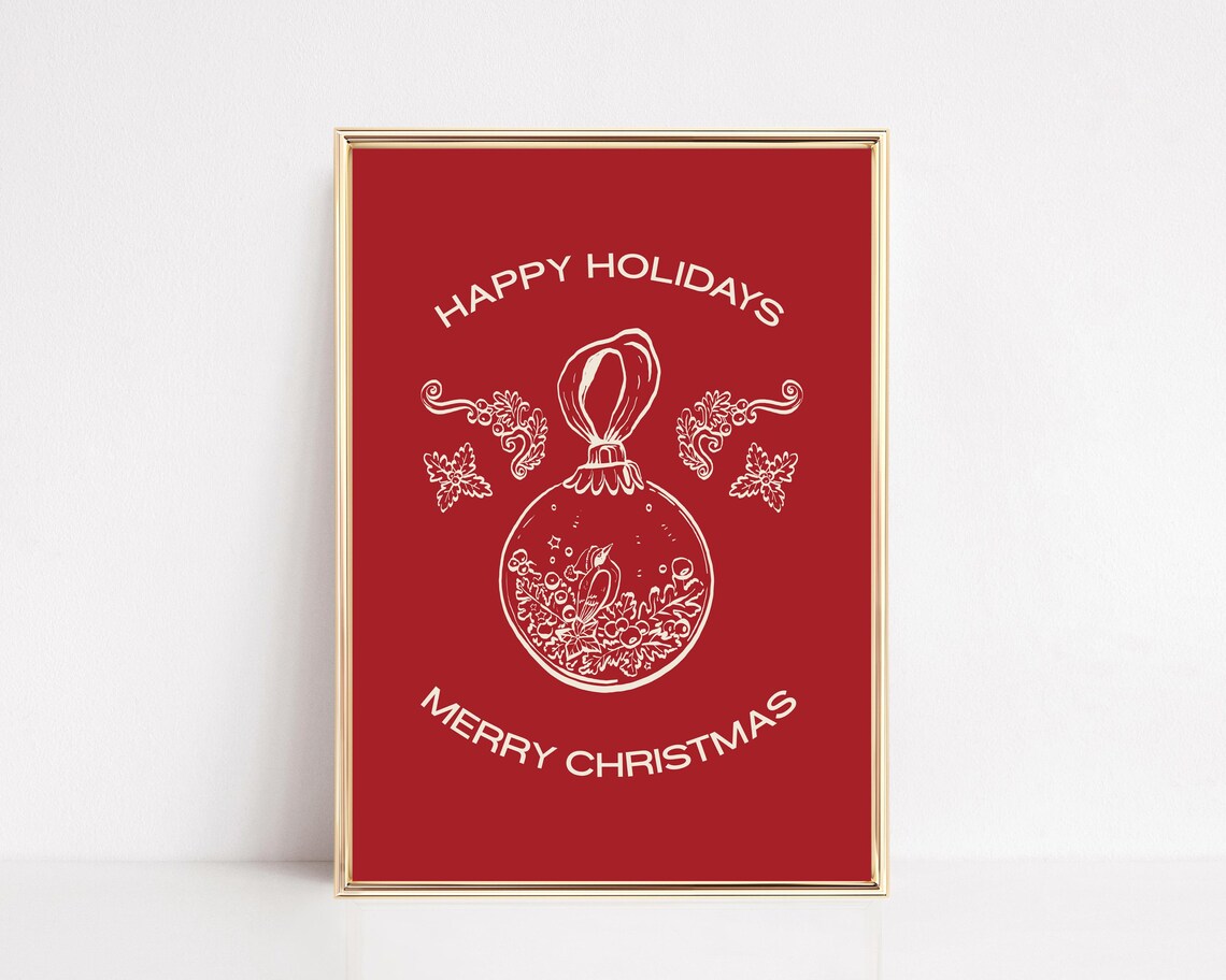 Red Happy Holidays Merry Christmas Ornament Line Art Holiday Poster - Image 2