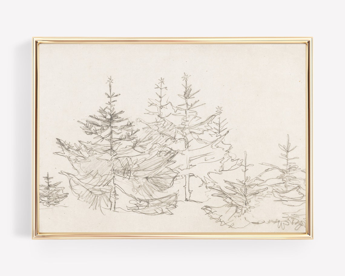 Pencil Sketch Pine Trees Minimalist Forest Drawing Art Poster