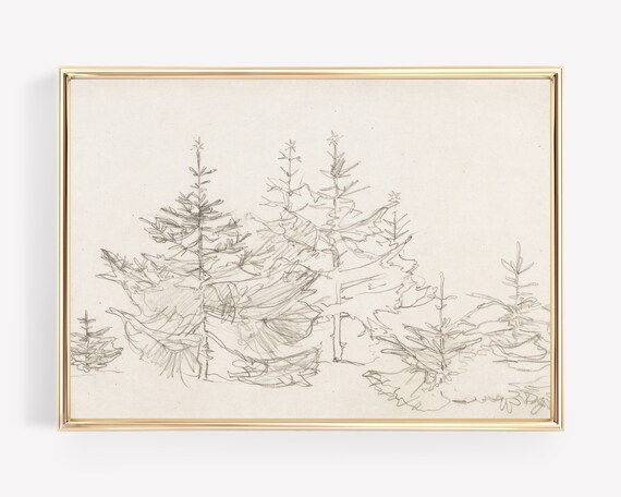 Pencil Sketch Pine Trees Minimalist Forest Drawing Art Poster