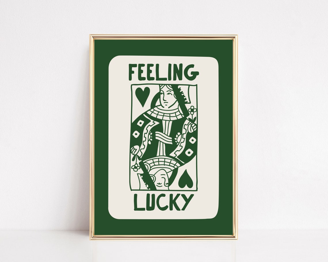 Feeling Lucky Green Queen of Hearts Playing Card Art Deco Poster