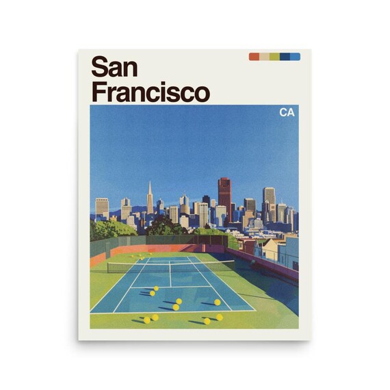 San Francisco Tennis Court City Skyline California Travel Poster