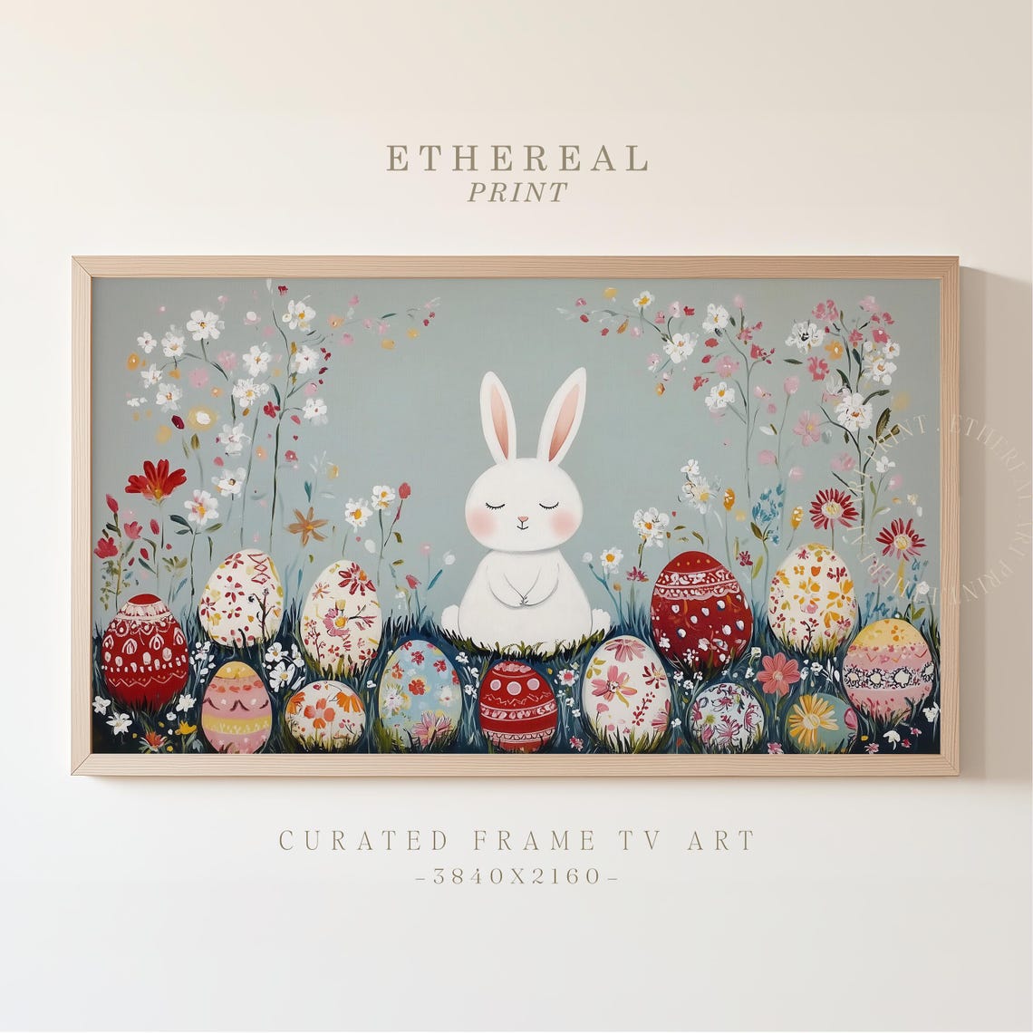 White Easter Bunny Among Decorated Eggs And Wildflowers Art Print