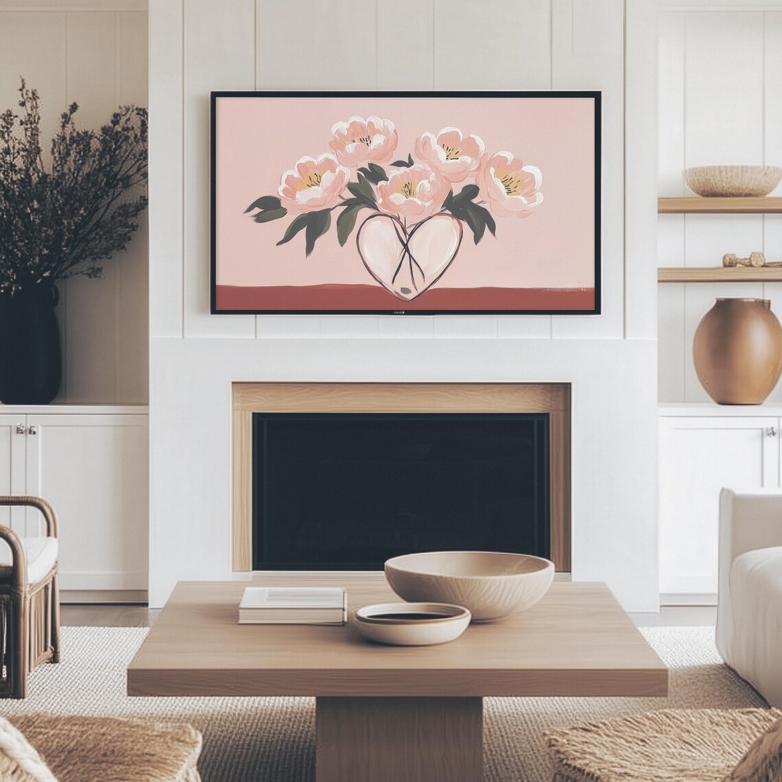 Pink Peonies In Heart Shaped Vase Floral Painting Romantic Wall Art - Image 2