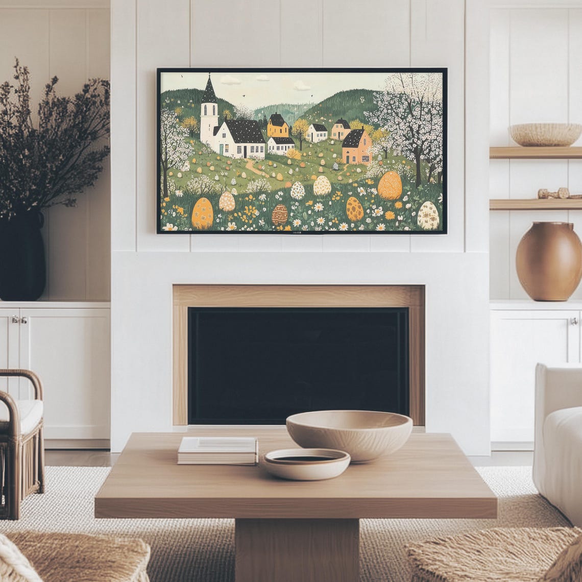 Folk Art Easter Village Church With Decorated Eggs Spring Wall Art - Image 2