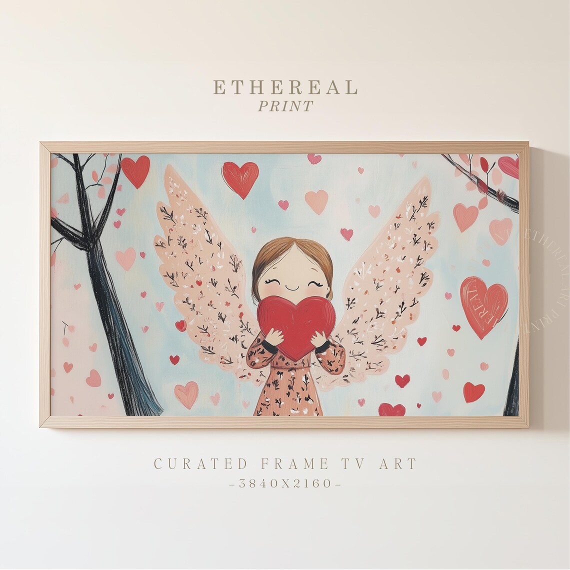 Sweet Angel Girl With Blossom Wings Holding Red Heart Art Print