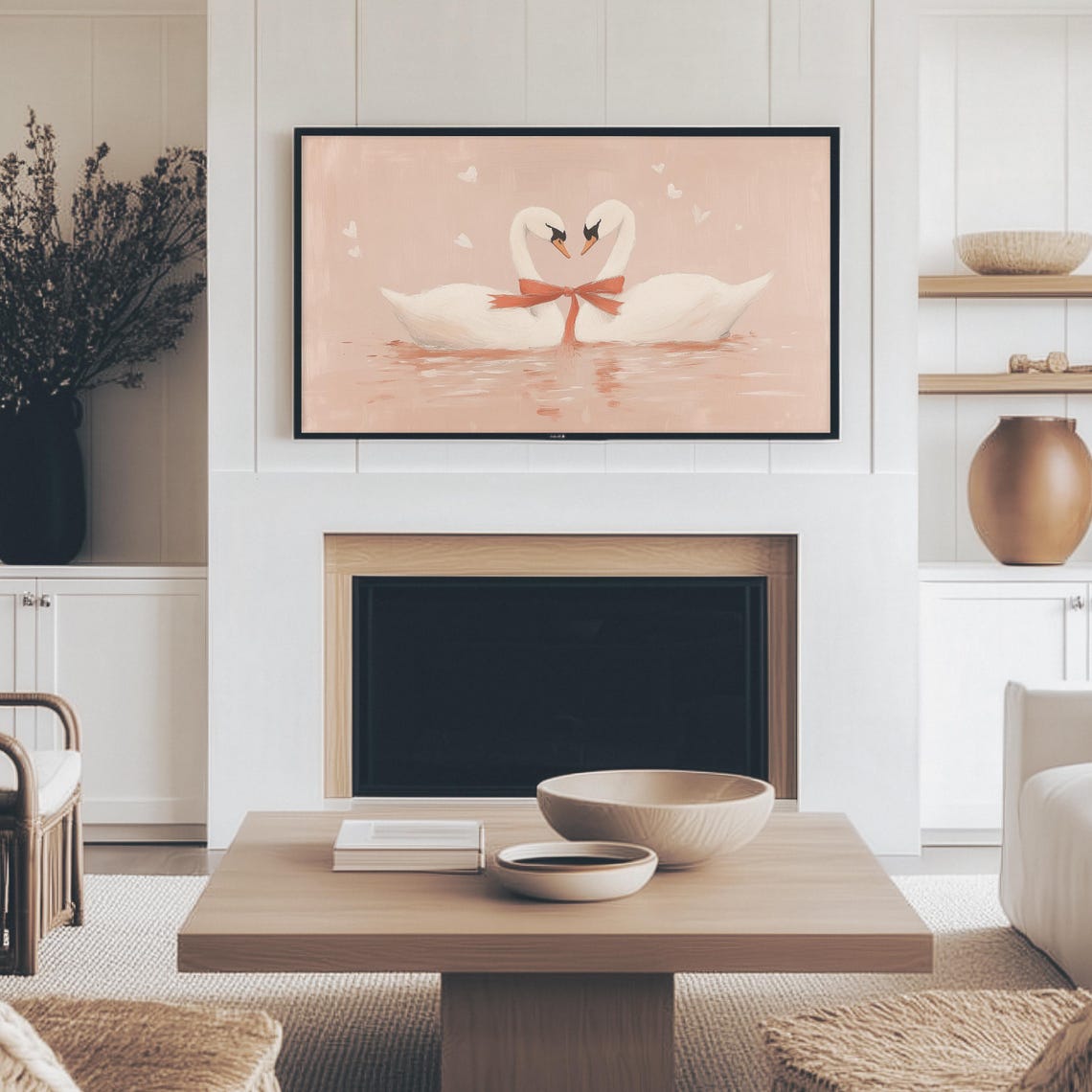Two White Swans Forming Heart With Red Bow Love Painting Wall Art - Image 2