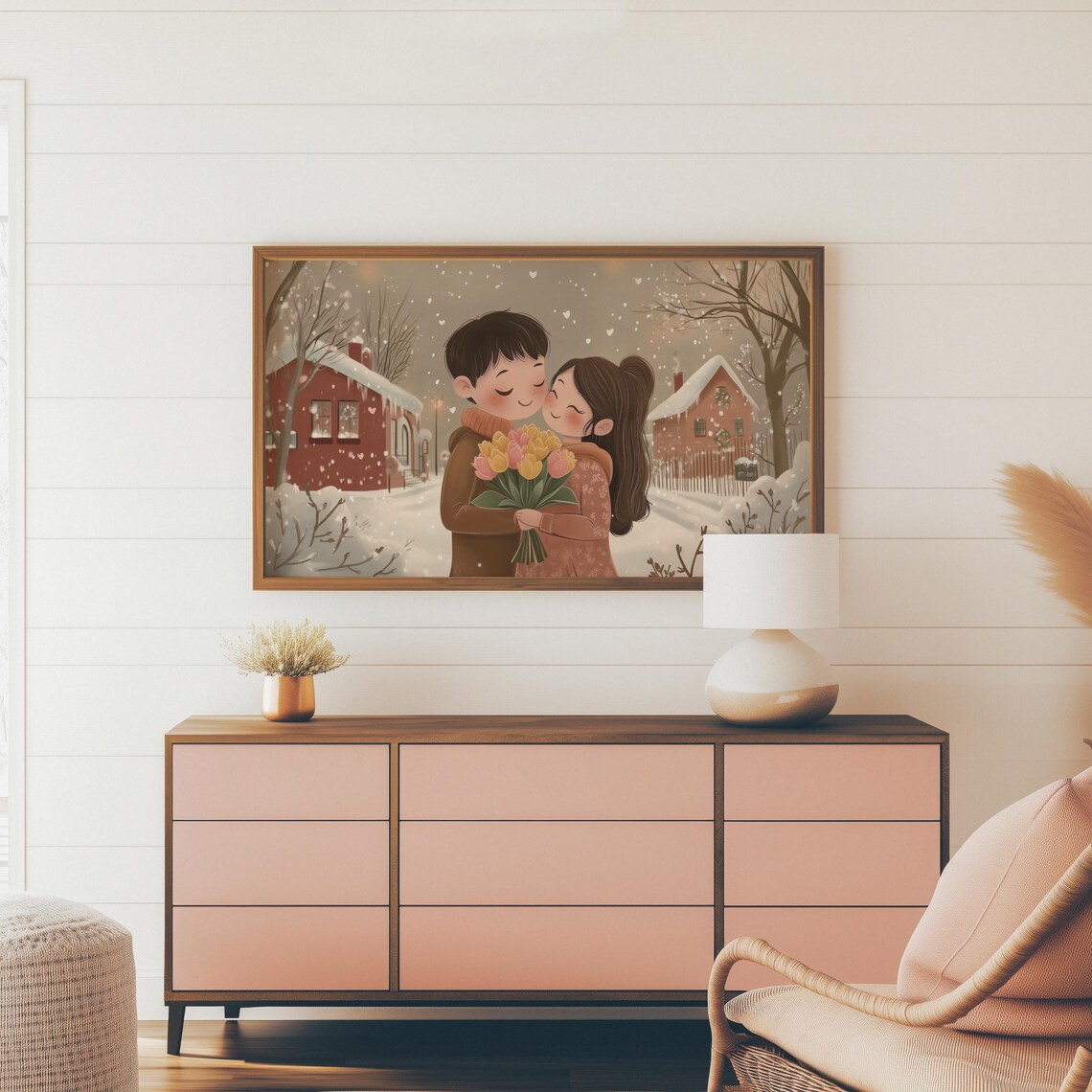 Romantic Couple With Tulips In Snowy Village Night Art Print - Image 3