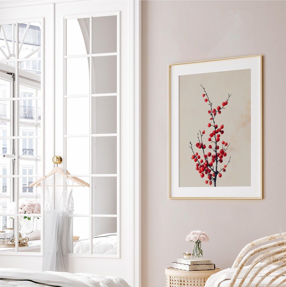 Minimalist Red Winterberry Branch Botanical Watercolor Art Print - Image 2
