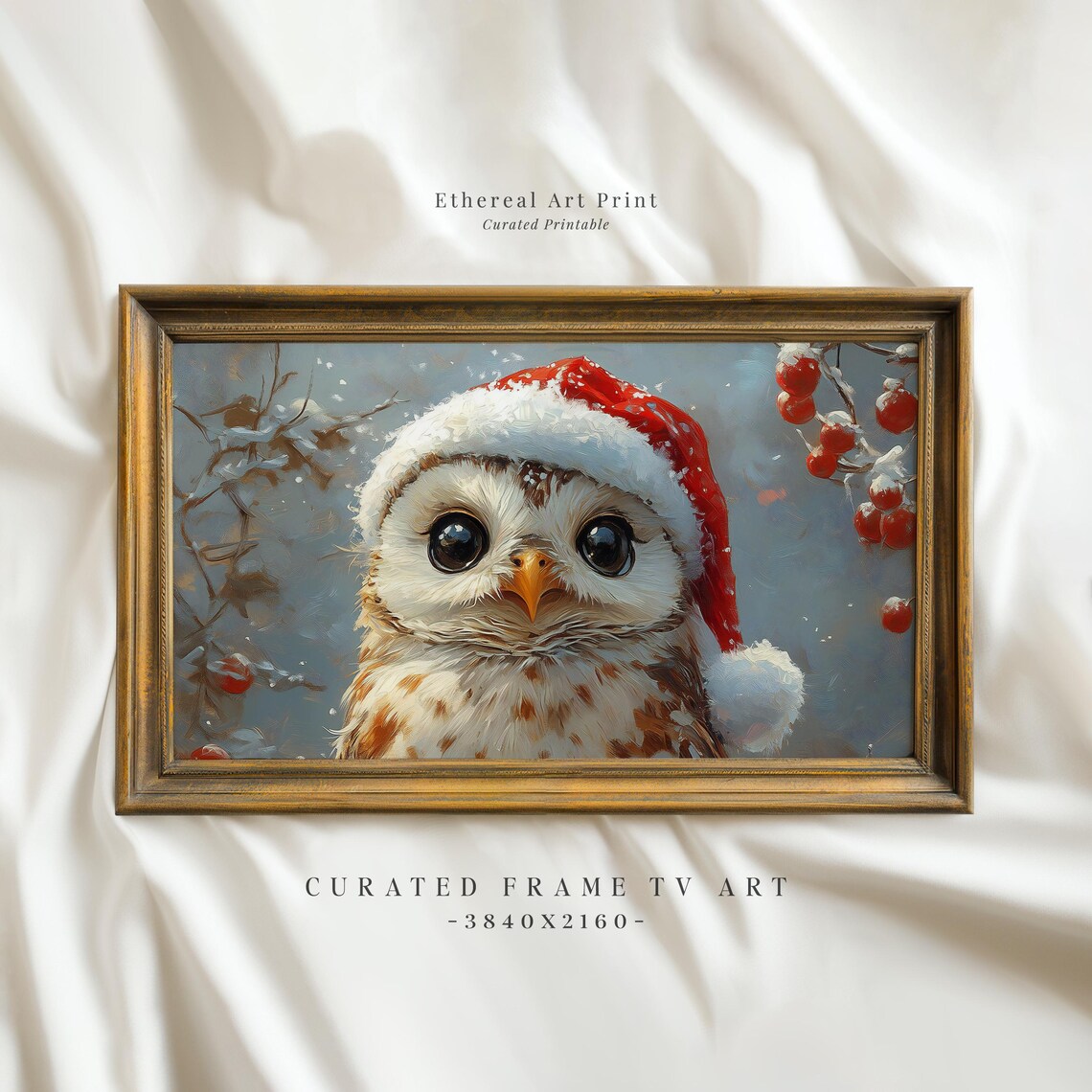 Adorable Baby Owl Santa Hat Red Berries Christmas Portrait Print