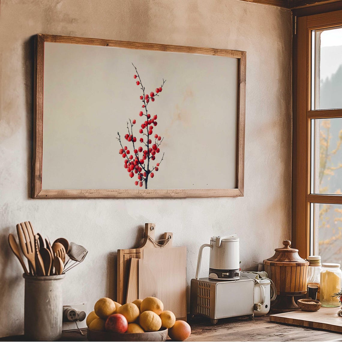 Red Winter Berries On Bare Branch Minimal Christmas Art Print - Image 2