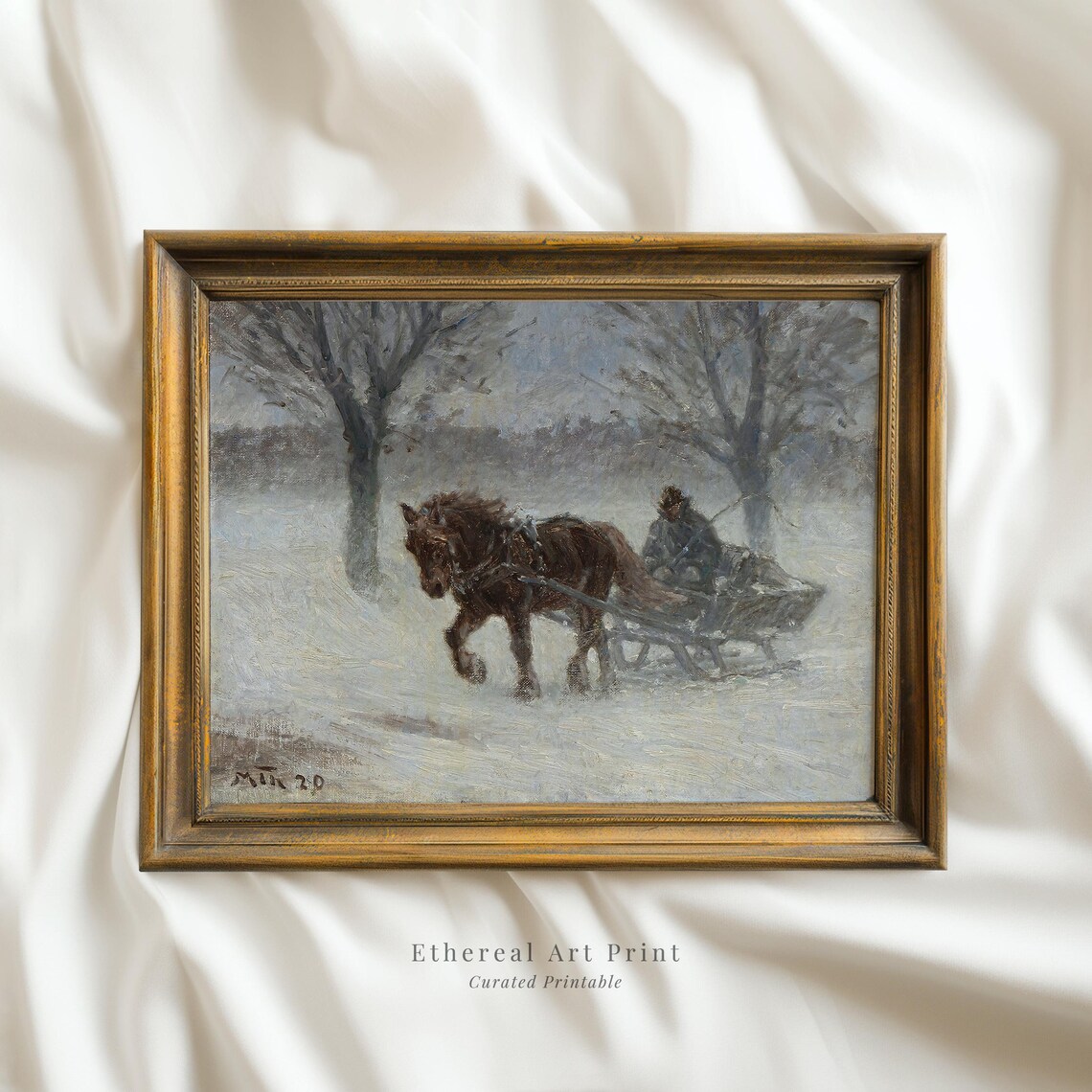 Horse Drawn Sleigh In Snowy Blizzard Vintage Winter Art Painting