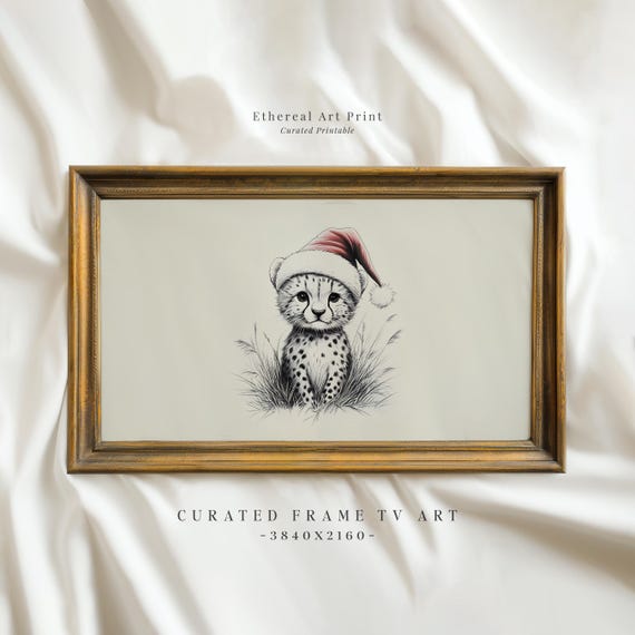 Vintage Cheetah Santa Hat Sketch Frame Tv Art Neutral Christmas Nursery Holiday Decor Winter Frame Tv Cute Baby Cheetah Drawing