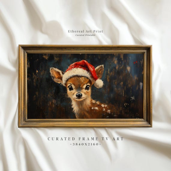 Funny Baby Deer With Santa Hat Frame Tv Art Vintage Christmas Frame Tv Cute Deer Oil Painting Frame Tv Holiday Screensaver Decor