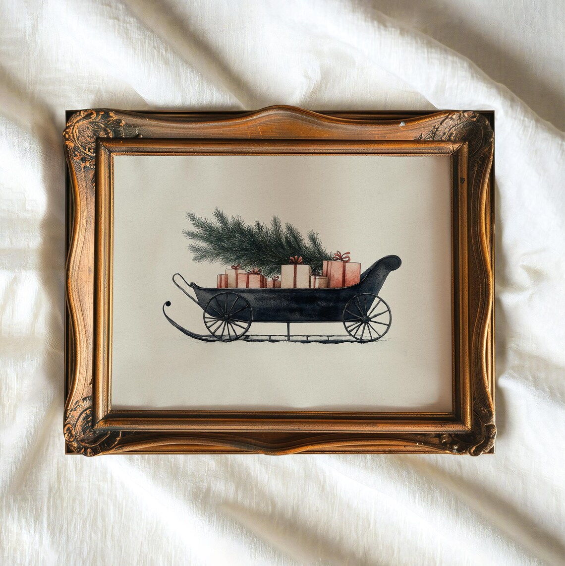 Vintage Sleigh With Christmas Tree And Gifts Neutral Holiday Print - Image 3