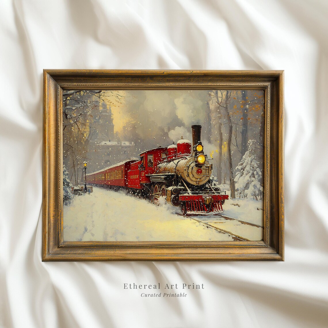 Vintage Red Steam Locomotive Snowy Winter Landscape Painting Print