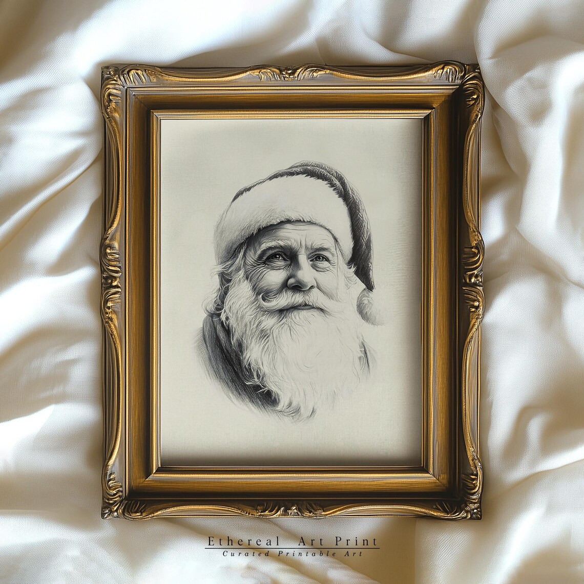 Santa Claus Portrait Pencil Sketch Neutral Christmas Drawing Wall Art - Image 3